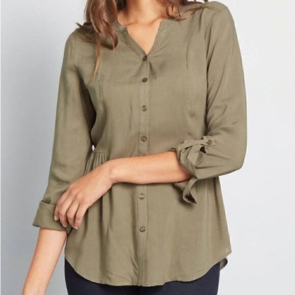 Modcloth Button Up Tunic Top Rayon Tab Sleeve Ruched Side Olive Green XS - Picture 1 of 12